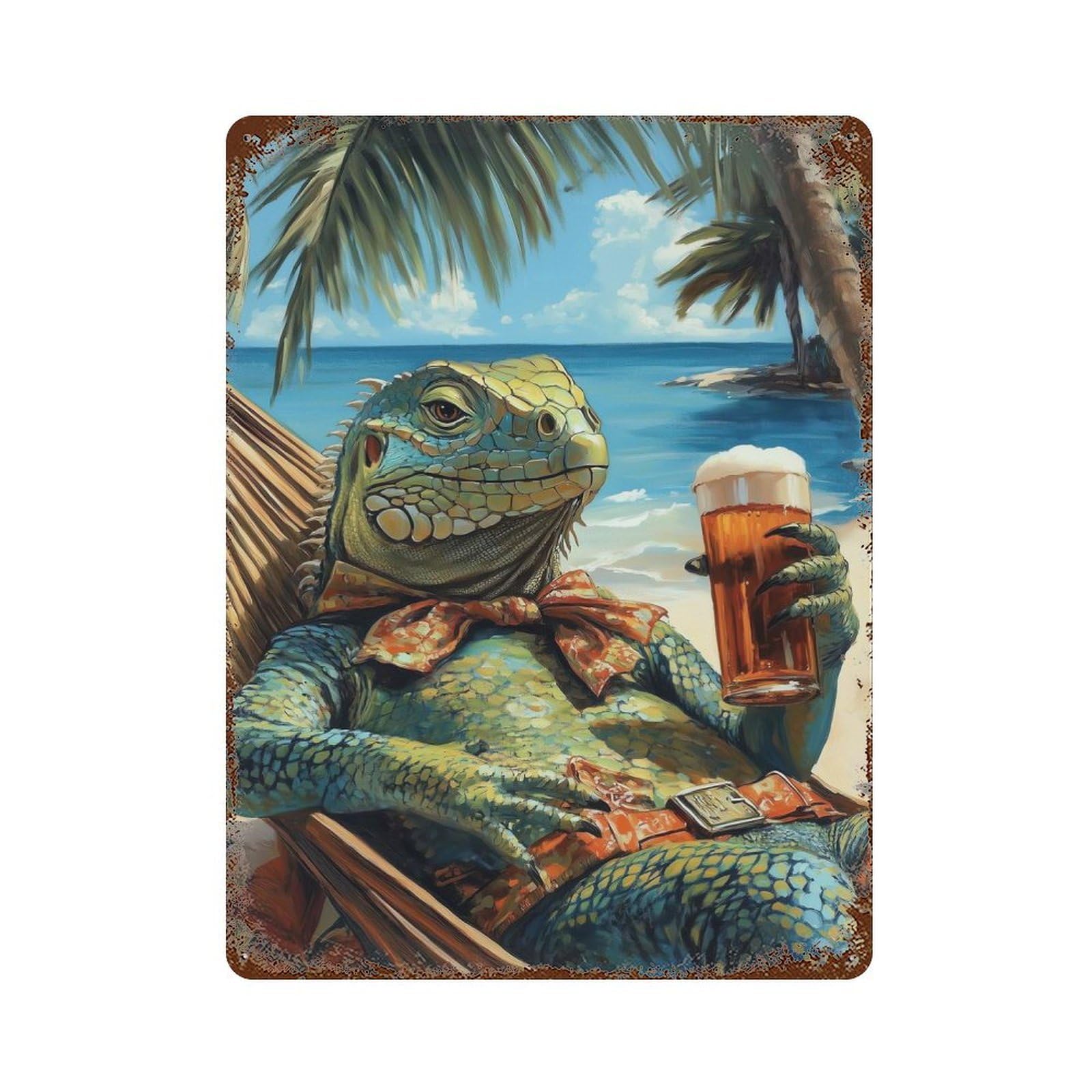 Iguana Beach Chill Rust Effect Tin Sign 15.7"x11.8", Retro Wall Decor for Patio, Garden Room And Bar Decor