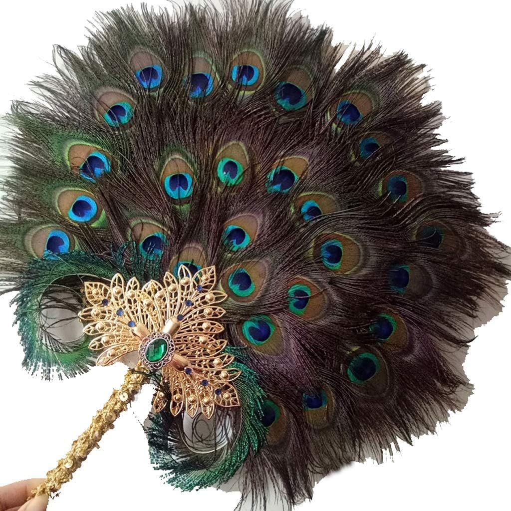 Peacock Feather Hand Fan Gold Handle Imitation Diamond Retro Hand-held Round Fan Shooting Photo Prop Gift