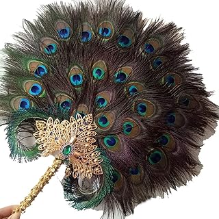 IENPAJNEPQN Ventaglio a Mano in Piuma di Pavone Manico in Oro Diamante d'imitazione Retro Ventaglio Tondo tenuto in Mano a Mano Libera