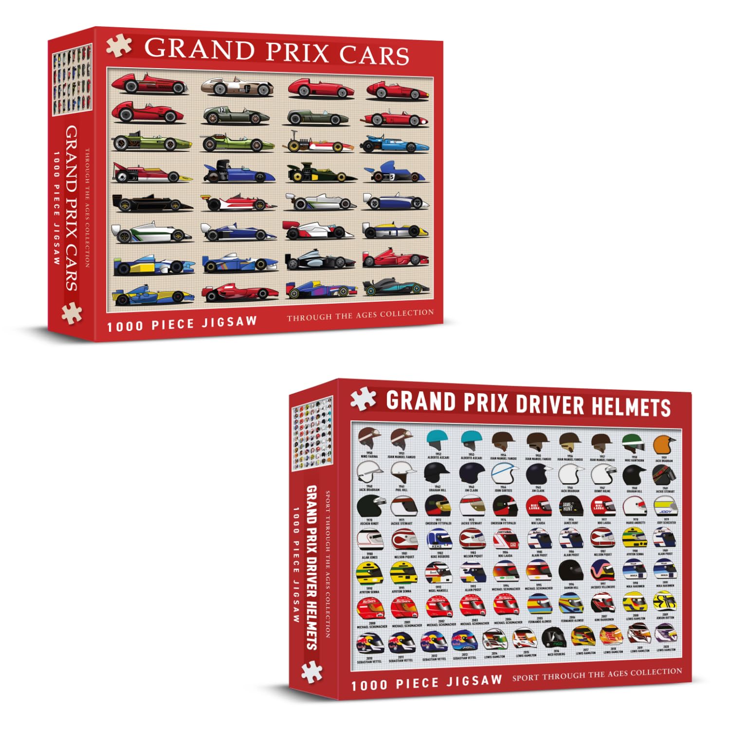 Coach House Two Jigsaws x 1000 pieces. Grand Prix Racing Cars & Grand Prix Driver Helmets, 2 x Grand Prix Jigsaw Puzzles Great Gift Ideas for Father's Day, Birthdays & Christmas