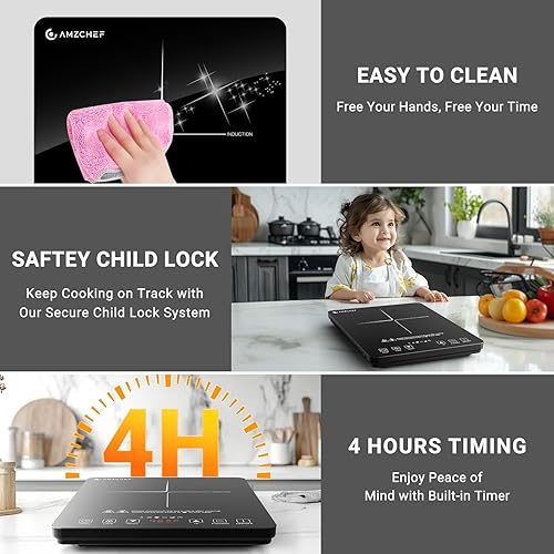 Miniatura 7 de AMZCHEF Placa de inducción portátil con 20 niveles de temperatura y potencia, quemador de estufa de inducción de 1800 W con bobina de calefacción de