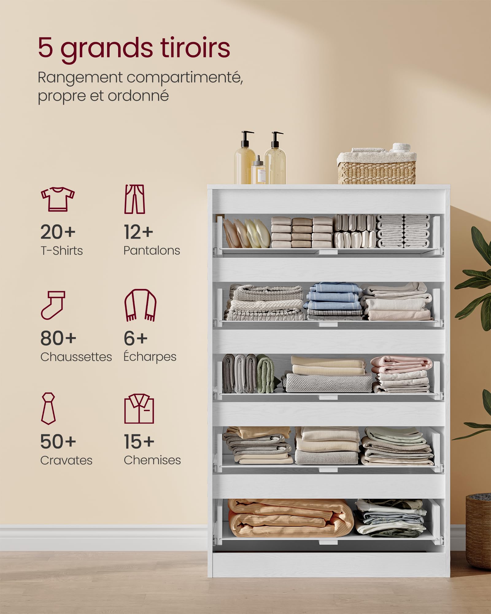 VASAGLE Kailyn Collection - Commode Chambre 5 Tiroirs, Armoire de Rangement, Meuble à Vêtements, 40 x 60 x 97,4 cm, Style Moderne, Blanc Neige LTS605WE01V1