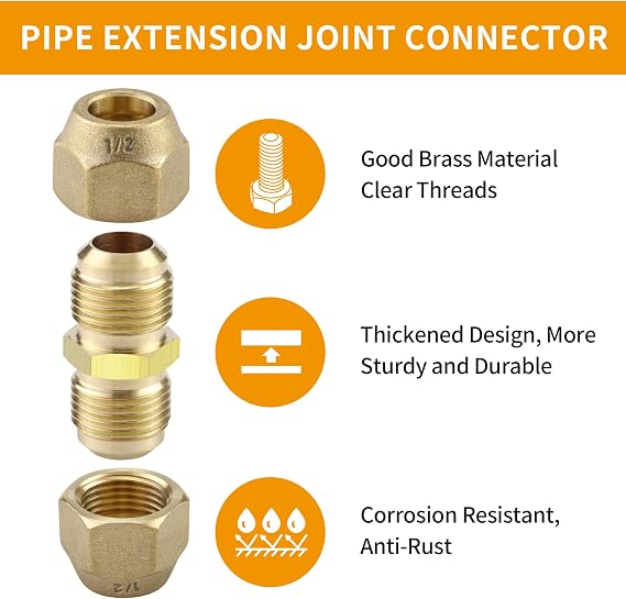 2Packs AC Copper Pipe Extension Joint Connectors, 1/2-Inch Air Conditioning Pipe Coupling Adapters with Flare Nuts and Connectors, Free Welding, For Butt Copper Tube Diameter 1/2 (12.7mm) | 2 union connectors and 4 flare nuts join 1/2 in copper tubing without welding for mini split AC and refrigeration lines