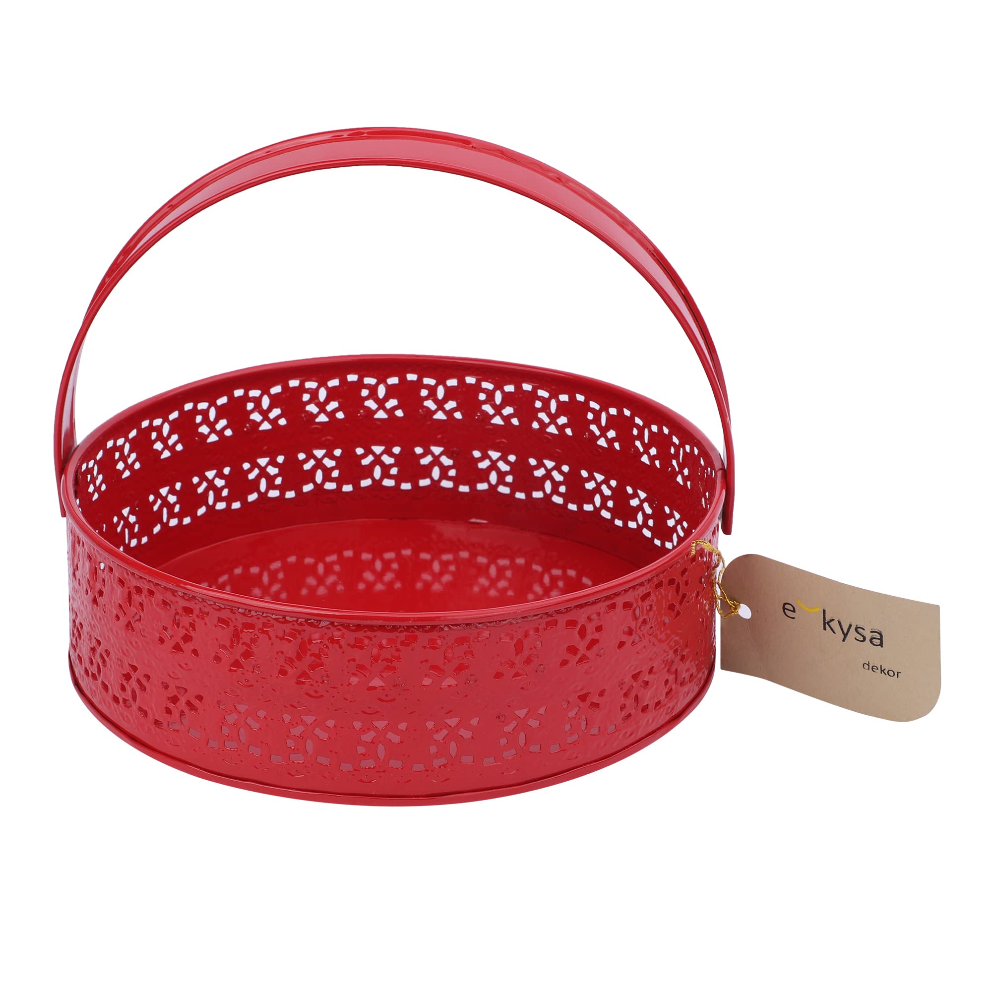 ekysa dekormetal multipurpose hamper Fancy Basket / Tray / Platter with handles for Packing, Gifting, Decoration - Red (20*6 cm)