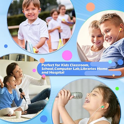 Miniatura 6 de Paquete de 100 auriculares con cable para niños a granel para el aula, auriculares con cable para biblioteca escolar, 0.138 in, multicolor, para