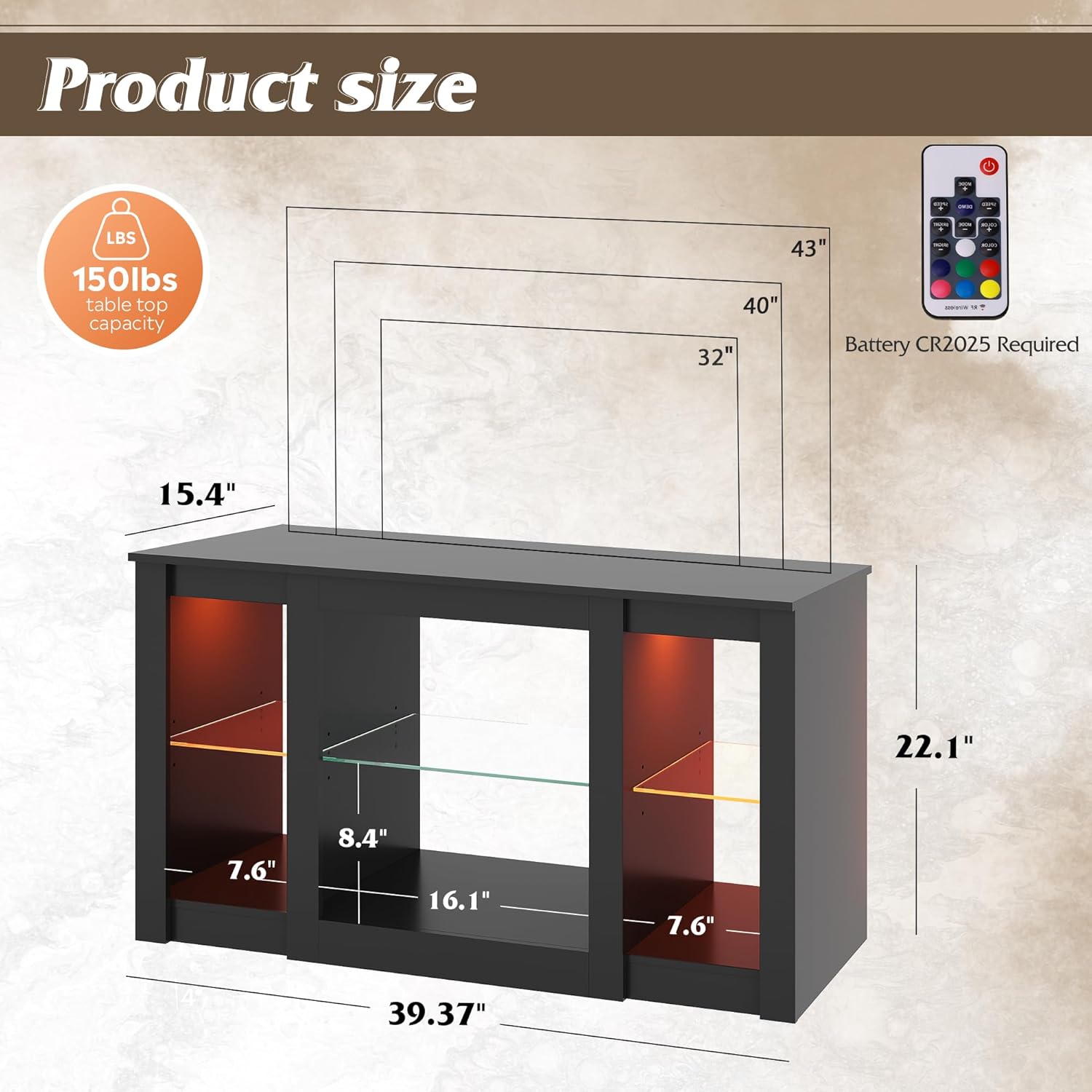 Diagram showing the dimensions of the WLIVE TV Stand and its weight capacity