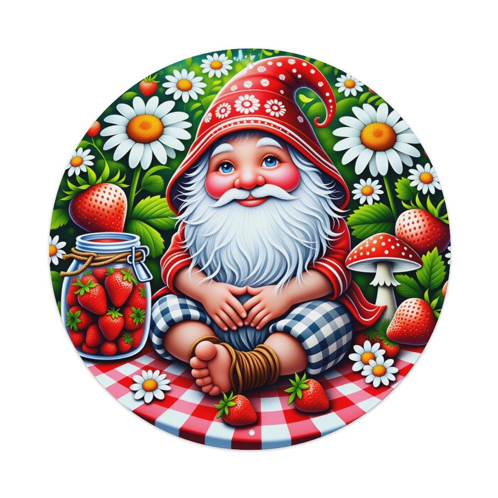 Gnome Strawberry Daisy Mushroom Checkered Metal Tin Sign Vintage Garden Bedroom Cafe Bar Man Cave Home Wall Decor Metal Poster 8x8 inches
