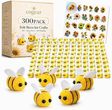 Cogear 300 Pcs Wool Felt Bees Bulk Craft Ball Bees Cute Plush Bees with Sunflower Stickers for Crafts DIY Baby Shower Gender Reveal Gift Bee Themed Party Decoration 300Pcs