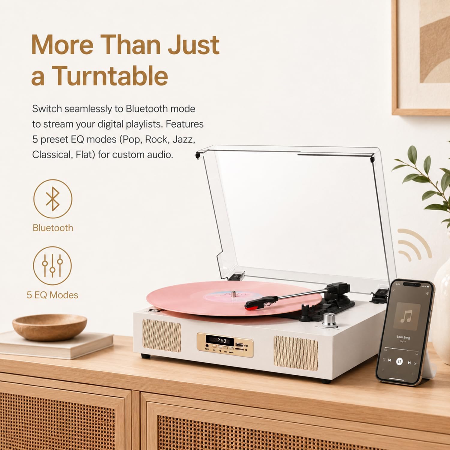 Vinyl Record Player Bluetooth Turntable with Built in Stereo Speakers USB Recording Belt Drive 3 Speeds LP Player Support RCA Output, Auto Stop, Digital Display, White & Champagne Gold