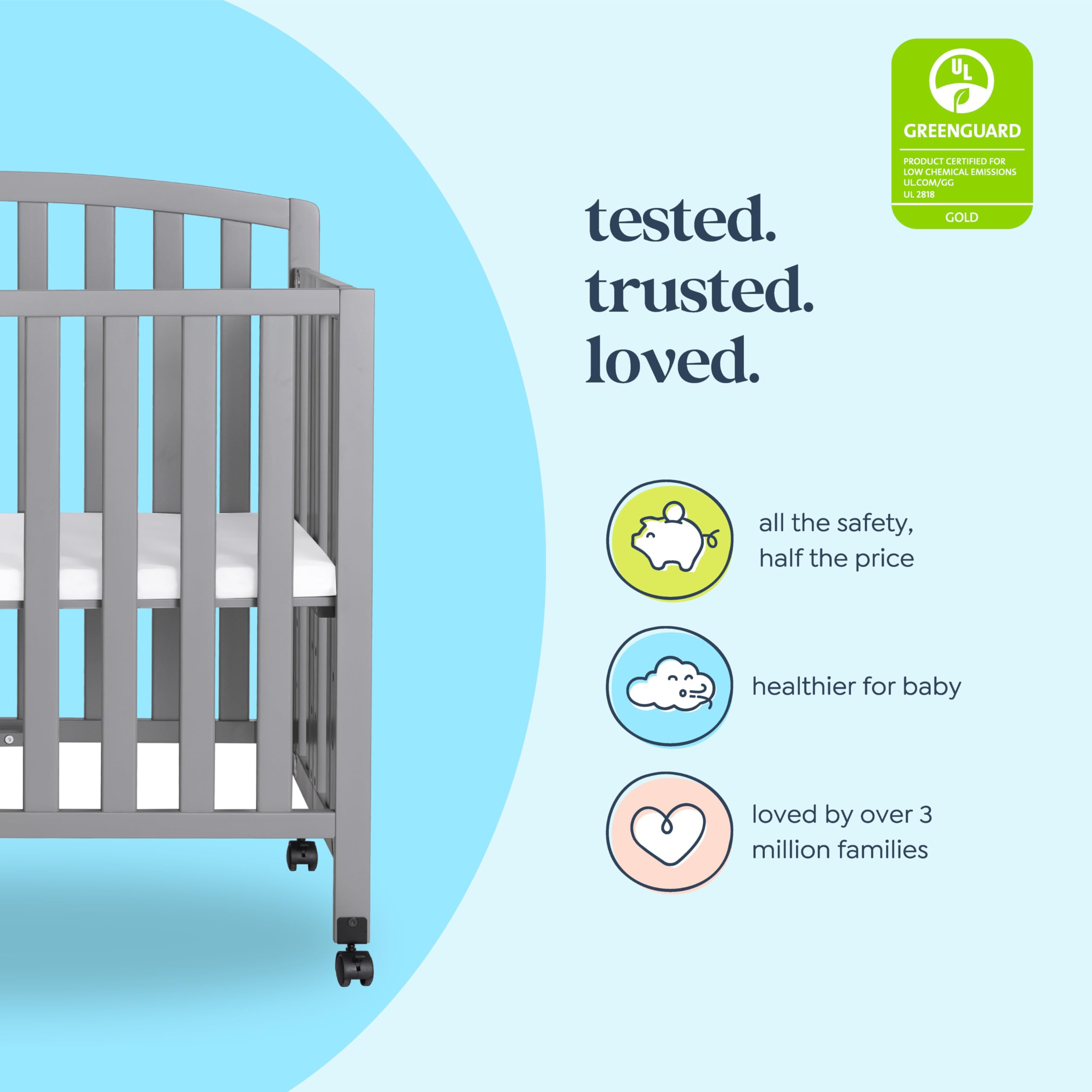 DaVinci Dylan Folding Portable 3-in-1 Convertible Mini Crib and Twin Bed in Grey, Greenguard Gold Certified