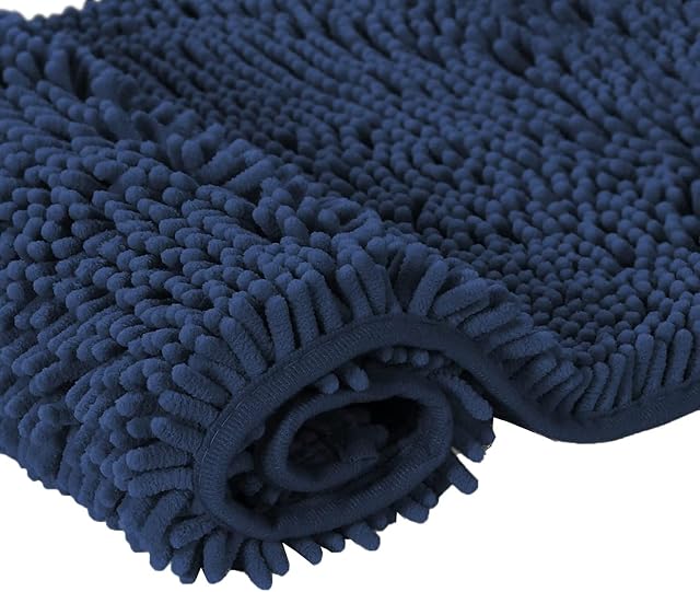 H.Versailtex Luxury Soft Shaggy Bath Mat Kitchen Rug Door Way Feet Mat Non Slip Microfiber Absorbent Doormat Bathroom Shower Rugs - Navy, 50 x 80 CM