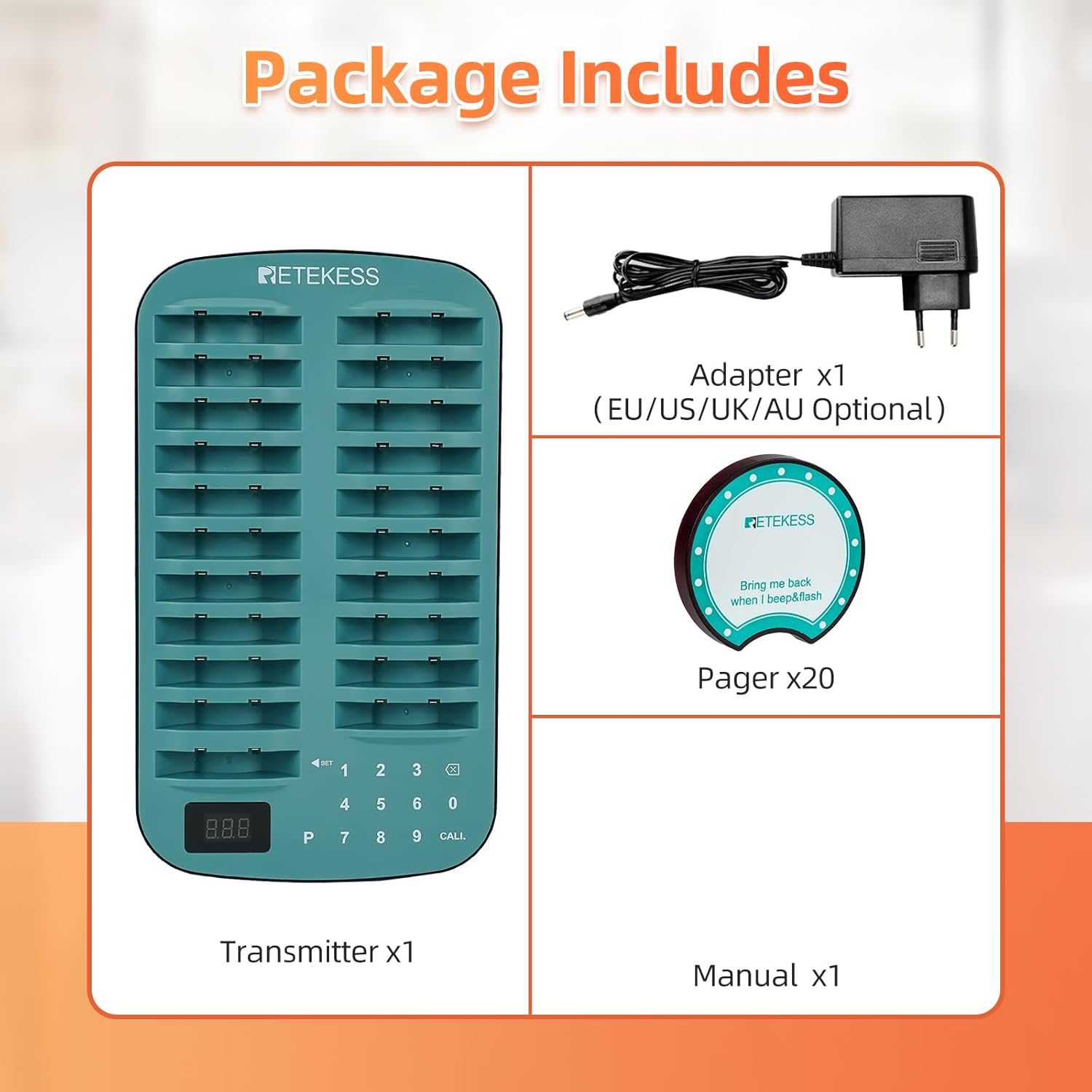 Contents of Retekess TD167F package including transmitter, adapter, pagers, and manual