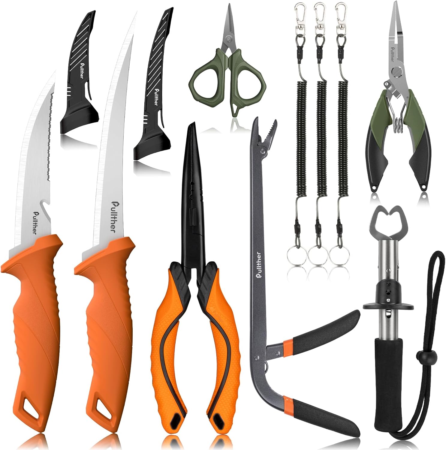 5PC Fishing Tool Kit - Fillet Knife, 2PC Fishing Pliers,Fishing Braid Scissors and Fish Lip Gripper, Fishing Gear for Fly Fishing, Ice Fishing