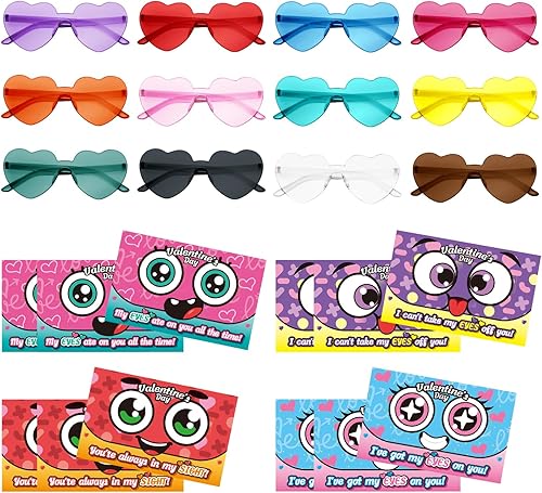 PARSUP 12 tarjetas de felicitación para el día de San Valentín con gafas en forma de corazón, juguetes de relleno de estuche de gafas de plástico,