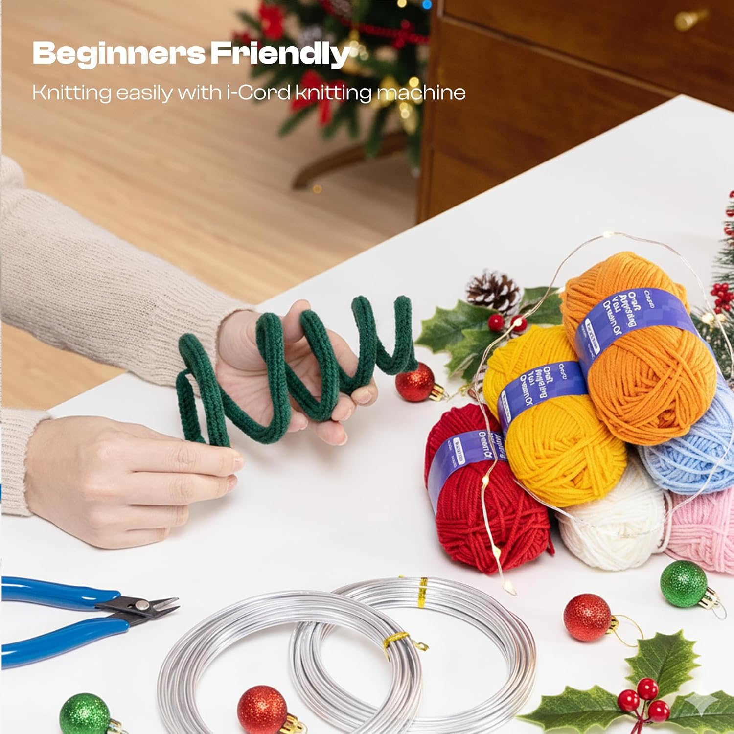 Caydo Aluminum Craft Wire and Acrylic Yarn Skeins Kit, i-Cord Knitting Kits for Beginner for DIY Handicraft Making, 8x25g Yarn & 2 Roll 5M x 3 mm Wire