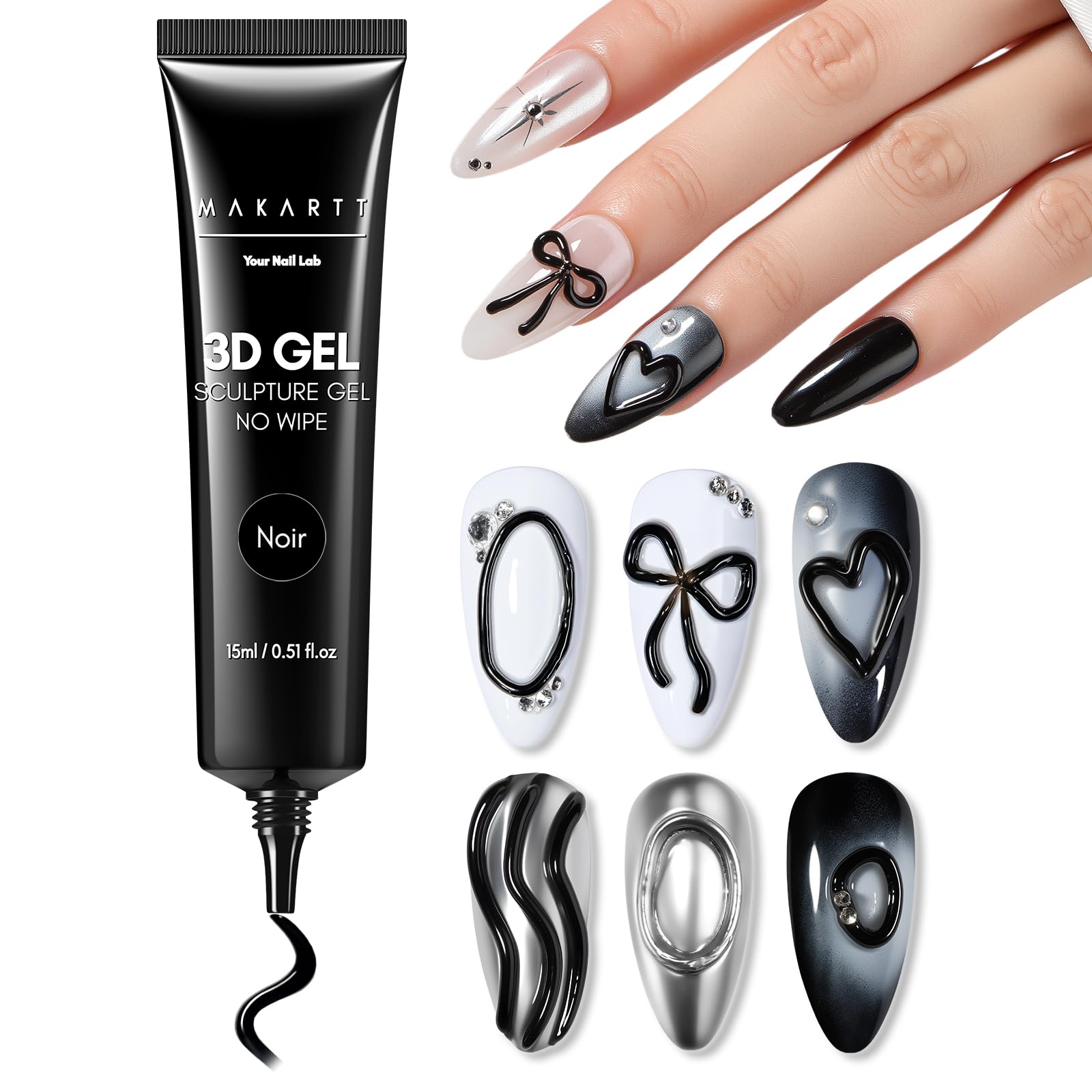 Makartt 3D Gel Nail Art: 15g Sculpting Gel Nail Art Glue for Craving Black Candy Molding Gel No Wipe Embossed Gel Polish Rhinestone Nails Charm Glue Decoration Manicure Designs (Noir)