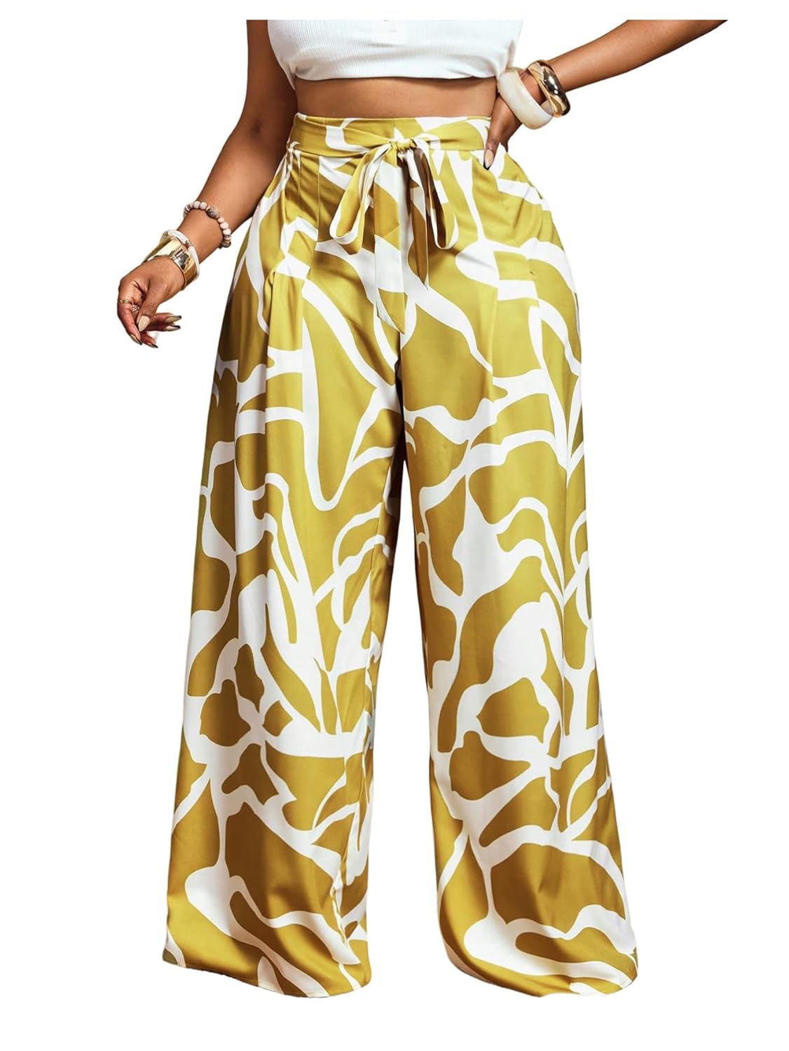MakeMeChic Womens Plus Size Graphic Wide Leg Palazzo Pants High Waist Belted Trousers