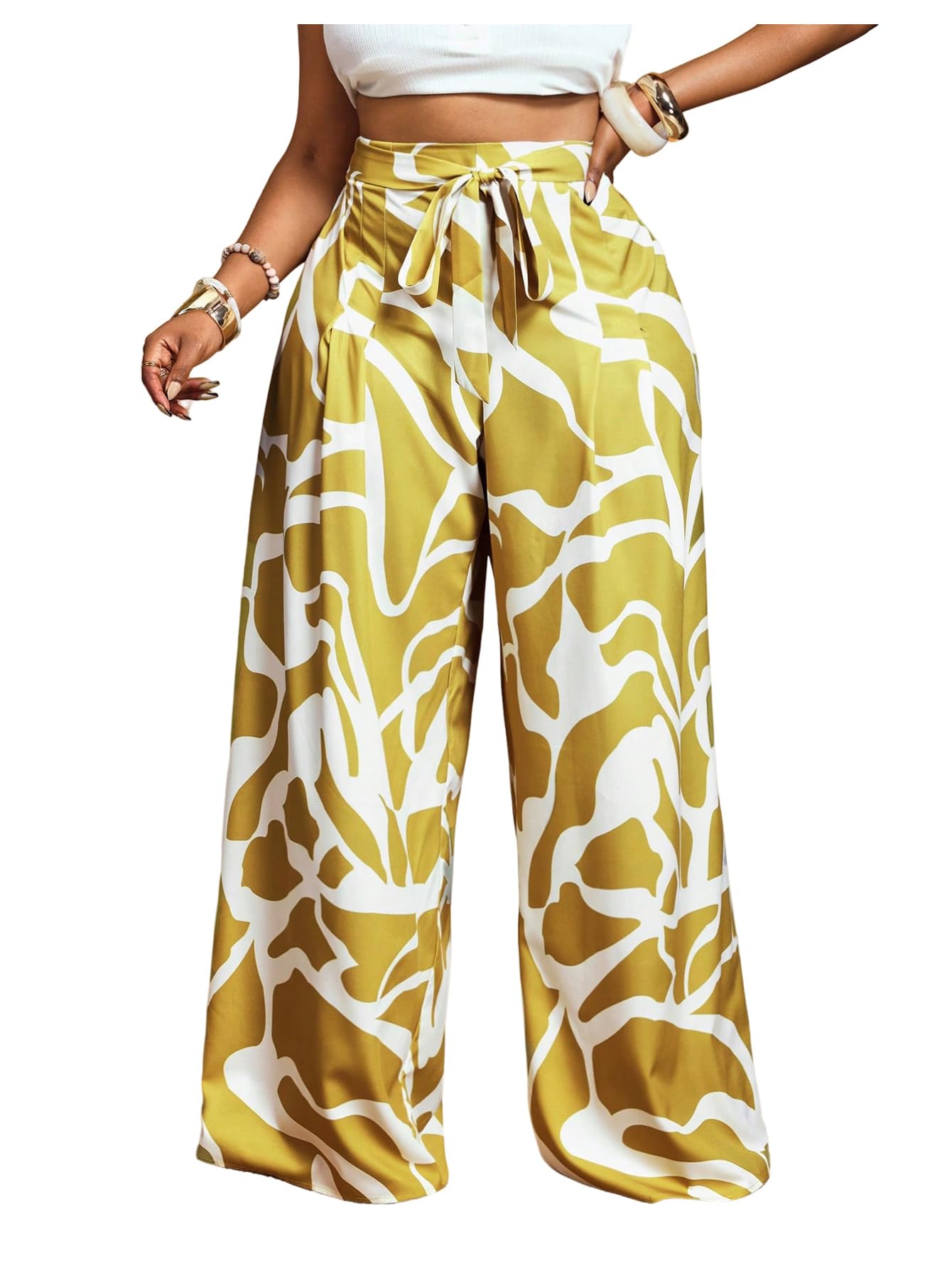 MakeMeChic Womens Plus Size Graphic Wide Leg Palazzo Pants High Waist Belted Trousers
