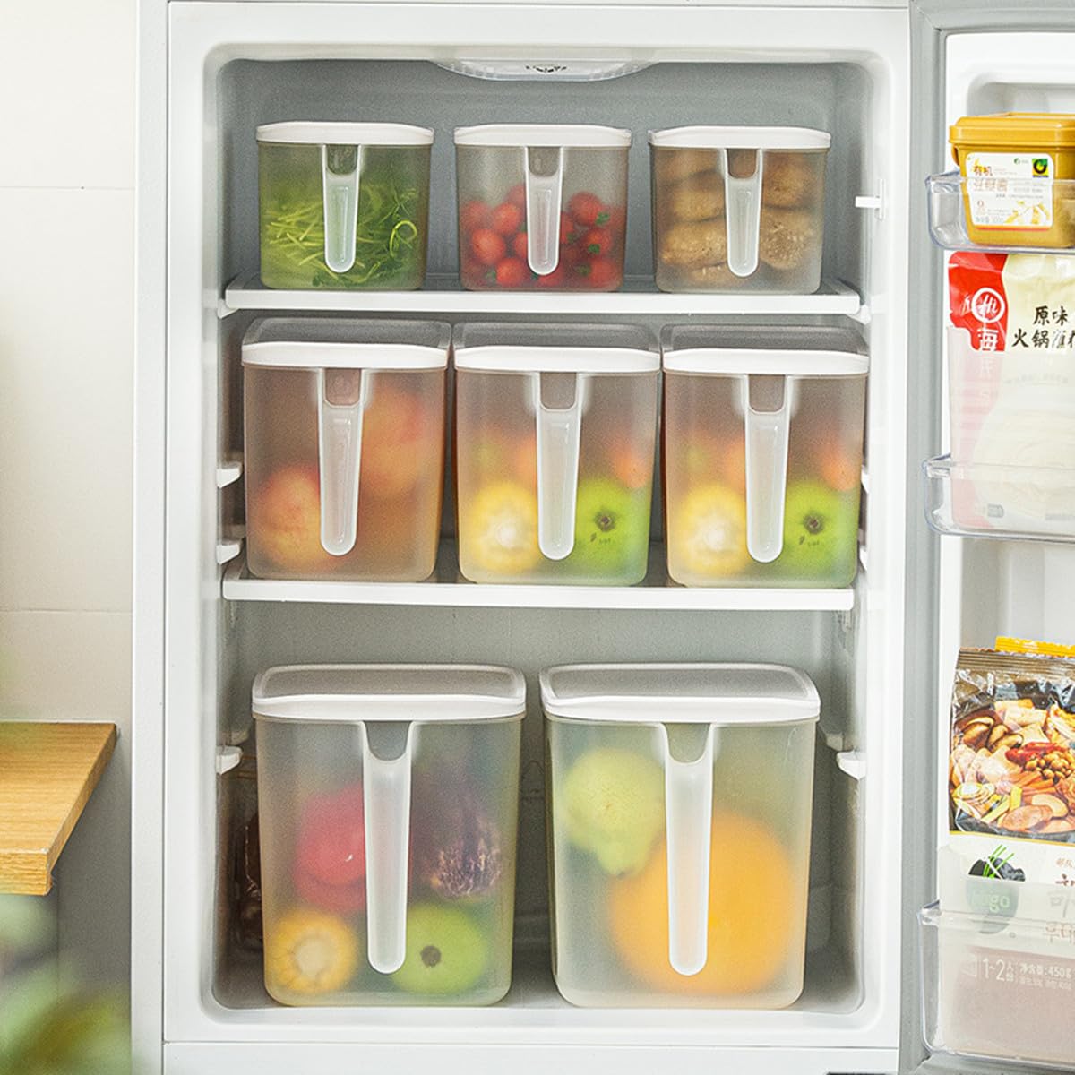 Confezione da 4 contenitori in plastica da 8 litri con coperchio, grandi, quadrati, impilabili, organizer per frigorifero con manico, contenitori da cucina per frutta, verdura, carne, uova