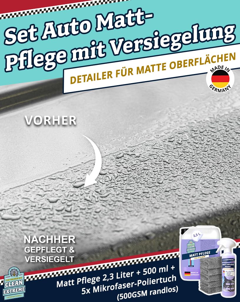 Mattlack Pflege mit Versiegelung - 500ml Spray + 2,3L Kanister | Set inkl. 5 x 500GSM Mikrofasertuch - Zum Pflegen von Autolack Matt, Matt-Folie, Autosprühfolie - Erhält den Matt-Effekt