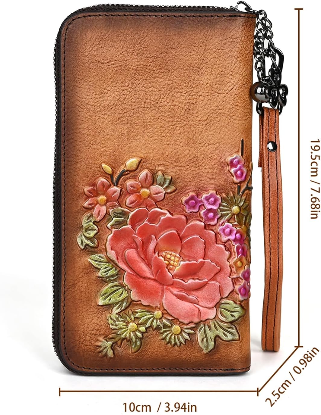 Embossing Purses for Women, Genuine Leather Long Wallet Vintage Floral Zipper Clutch Large Capacity (Brown) - Image 4