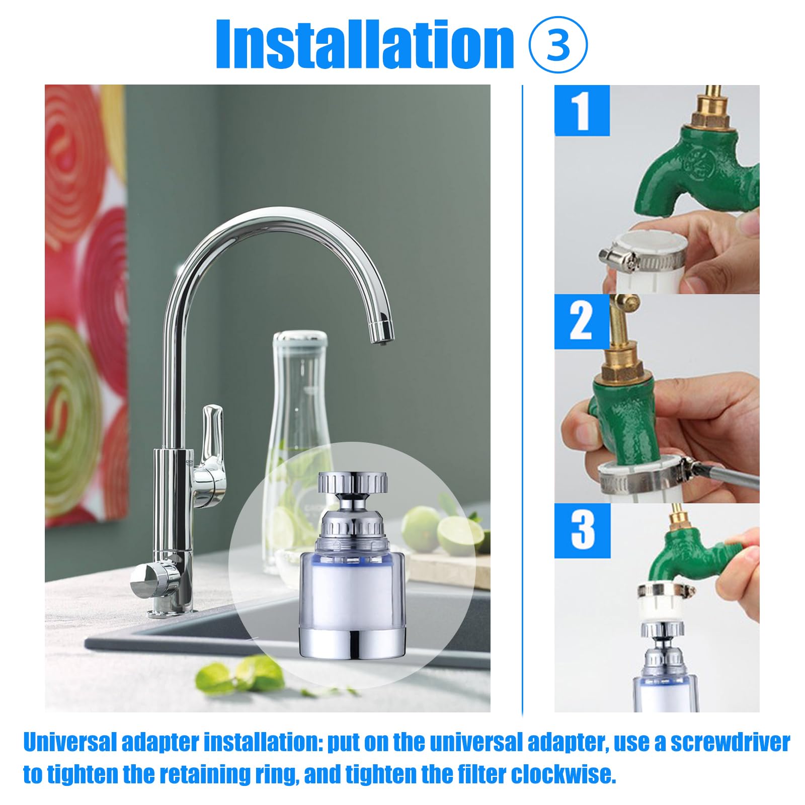 2 pezzi filtro acqua rubinetto,filtro anticalcare rubinetto cucina, con 6 pezzi di elemento filtrante in cotone PP e adattatore universale per lavello, cucina, bagno