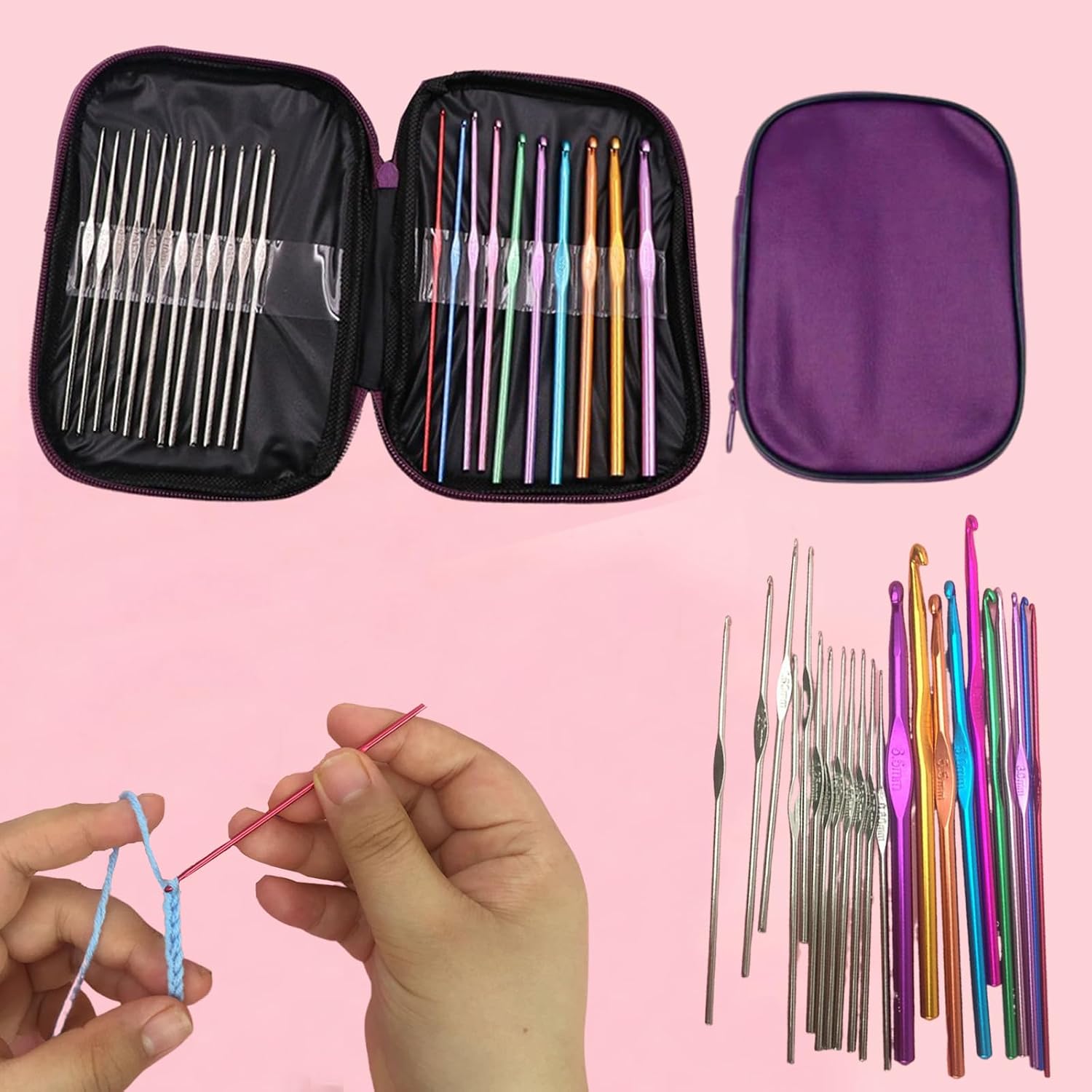 23 PCS Crochet Hooks Set Ergonomic Aluminum Handles Steel Tips Yarn Needles Crochet Accessories with Storage Case(Purple)