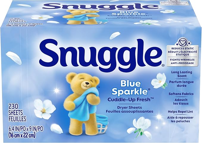 Snuggle Fabric Softener Dryer Sheets, Blue Sparkle Cuddle-Up Fresh, 230 Ct, Long-Lasting Fresh & Clean Scent, Softens Fabric, Reduces Static, Fights Wrinkles, Helps Repel Lint & Pet Hair, HE Safe