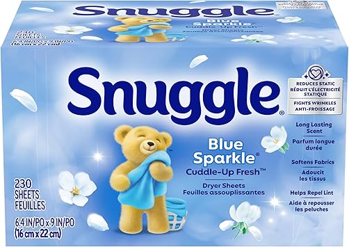 Snuggle Fabric Softener Dryer Sheets, Long-Lasting Fresh & Clean Scent, Softens Fabric, Reduces Static, Fights Wrinkles, Helps Repel Lint & Pet Hair, HE Safe, Blue Sparkle Cuddle-Up Fresh, 230 Ct