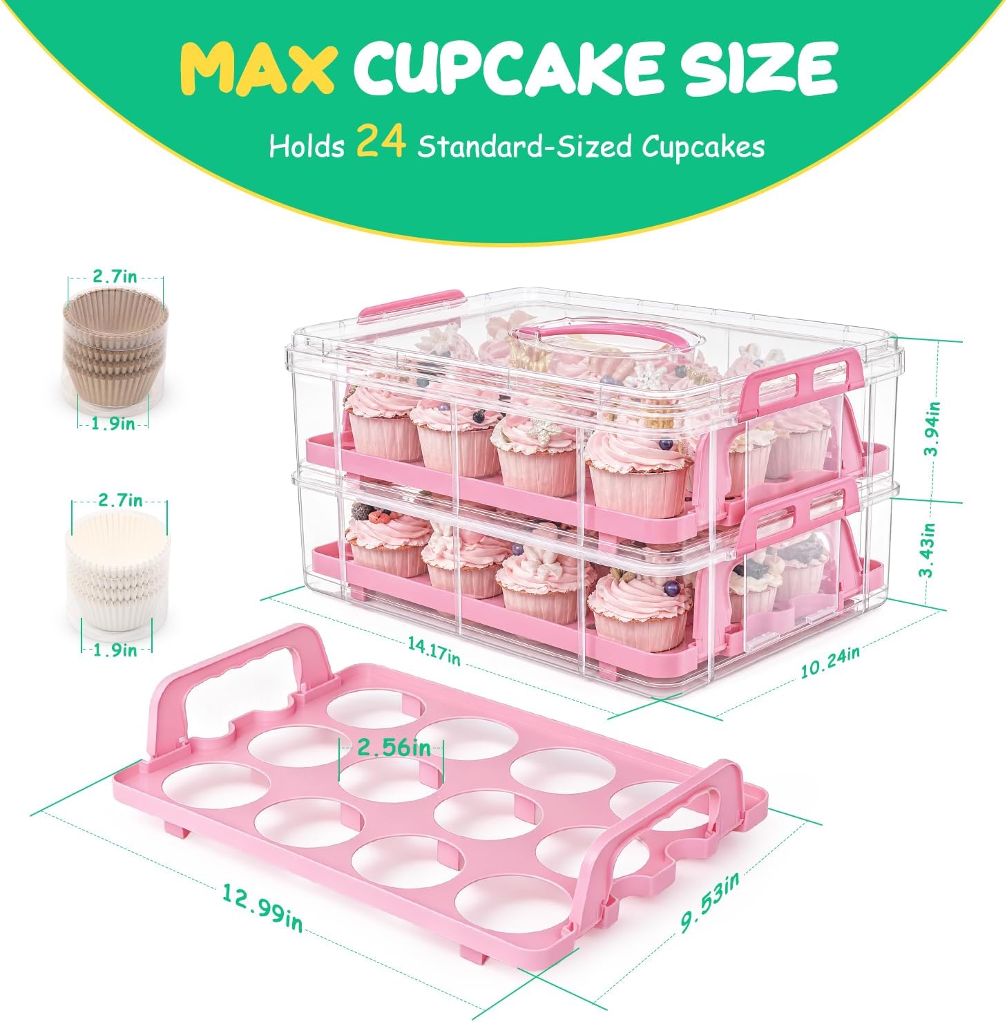 Cupcake Carrier 24 Count, Cupcake Holder With Lid And Handles, 2-Layer Cupcakes Storage Containers, Travel Cupcake Transport Container With Portable Insulated Bag And 200pcs Cupcake Liners (Pink)