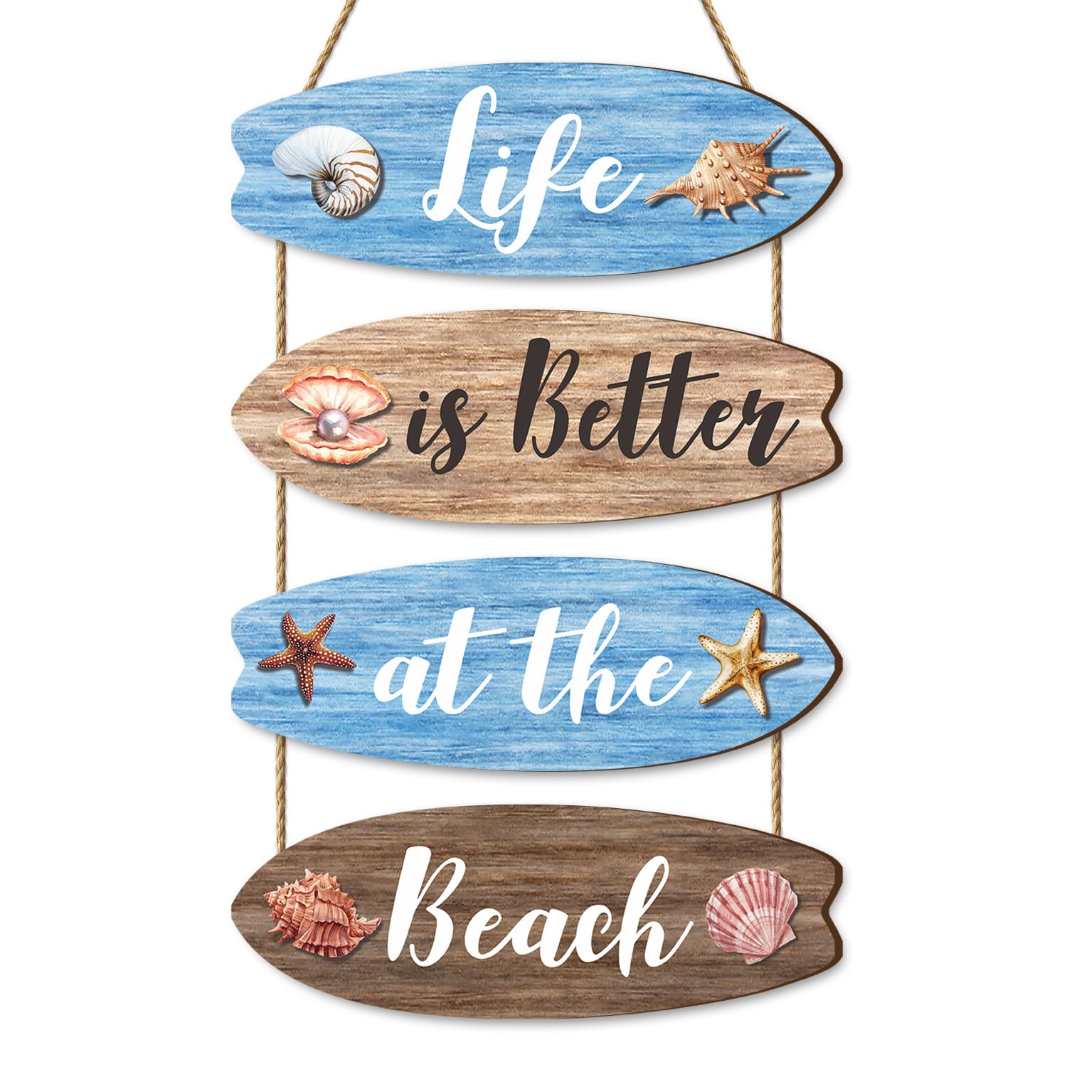 Dazzlewall 4Pcs Beach Bathroom Wall Decor, Blue Wooden Surfboard Coastal Hanging Plaques Inspirational Quote Signs Ornaments for Bedroom Living Room 11.4x3.9 in