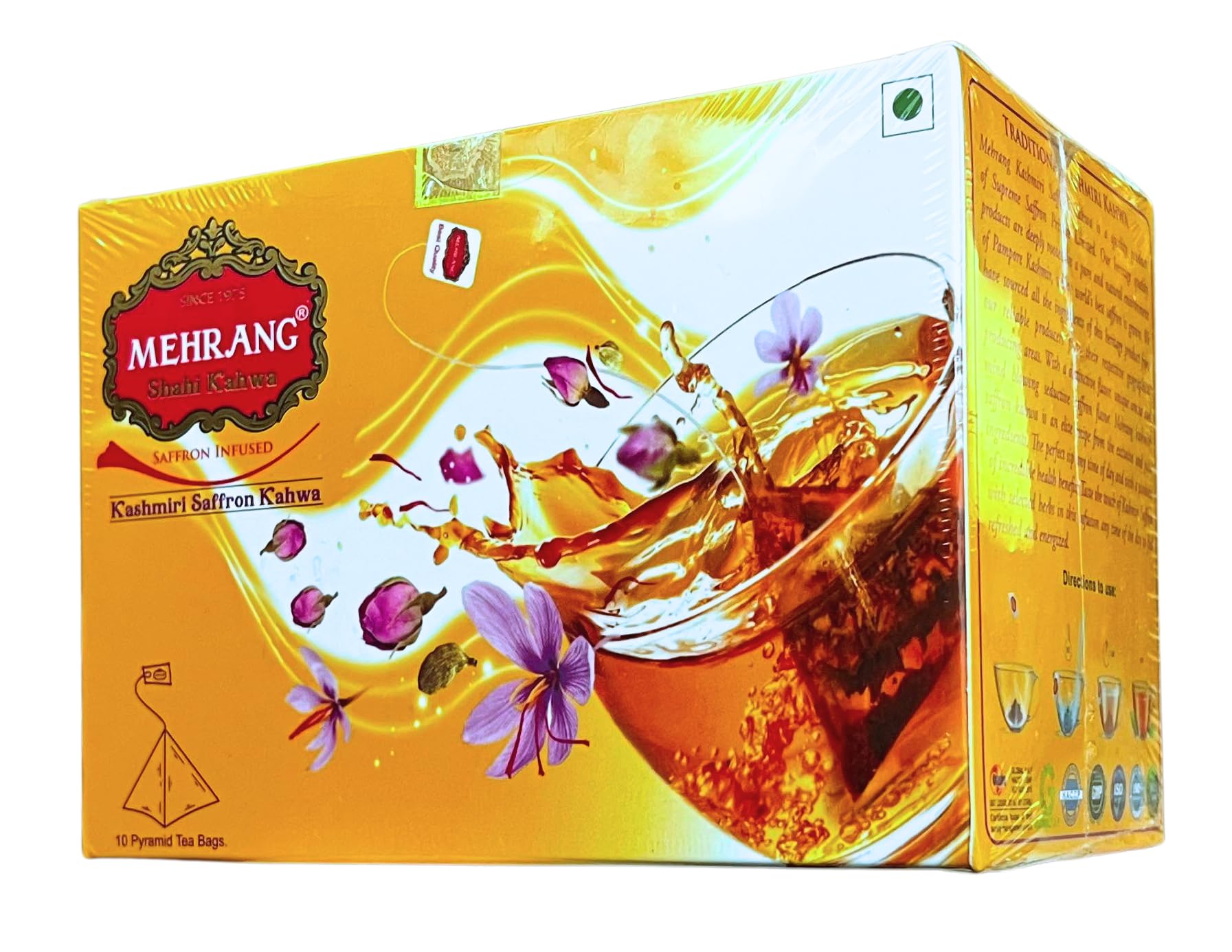 Mehrang Kashmiri Saffron Kahwa, Traditional Kashmiri Kahwa, 1 Box with 15 Pyramid Infusion Tea Bags, 100% Natural and Pure Ingredients-image-9