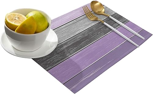 Vista 62 de Vandarllin Juego de 6 manteles individuales retro con textura de madera rústica de poliéster, resistentes a las manchas, manteles individuales Rayas