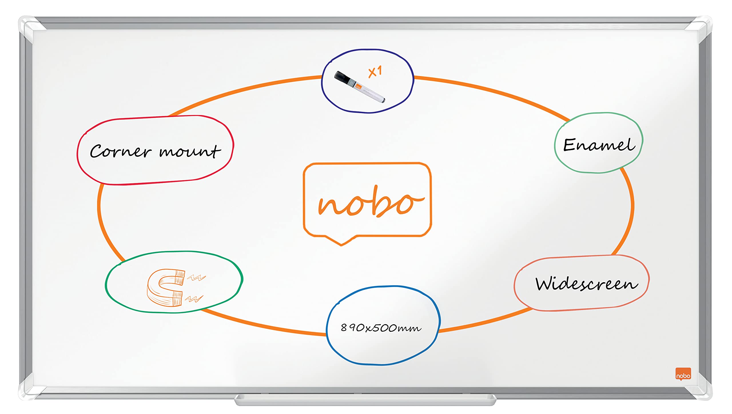 Nobo Tableau Blanc Magnétique à Écran Large Émaillé, 890x500mm, Cadre Aluminium, Montage Mural par les Coins, Porte-​Marqueur Inclus, Premium Plus, Blanc, 1915366
