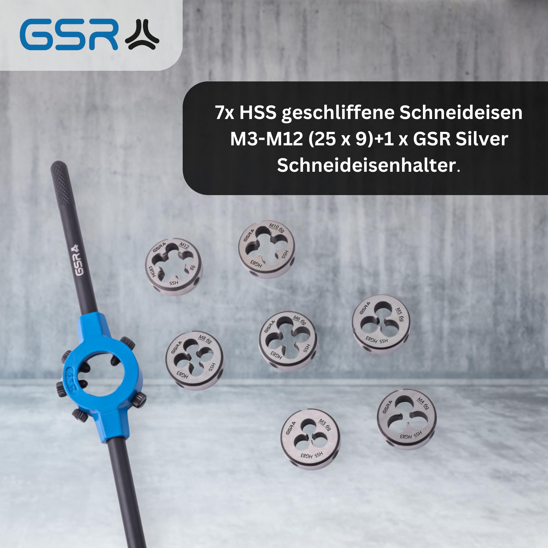 PROFI filière set 8 pièces, M3-M12, HSS, mit filièrehalter, GSR