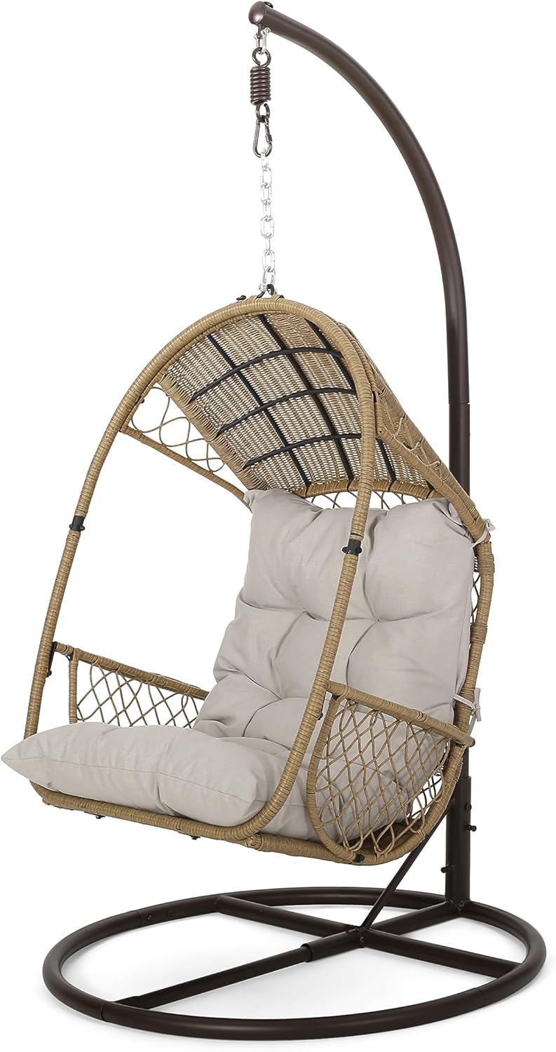 Christopher Knight Home Amanda Wicker Hanging Chair with Stand, Light Brown, Brown, Beige