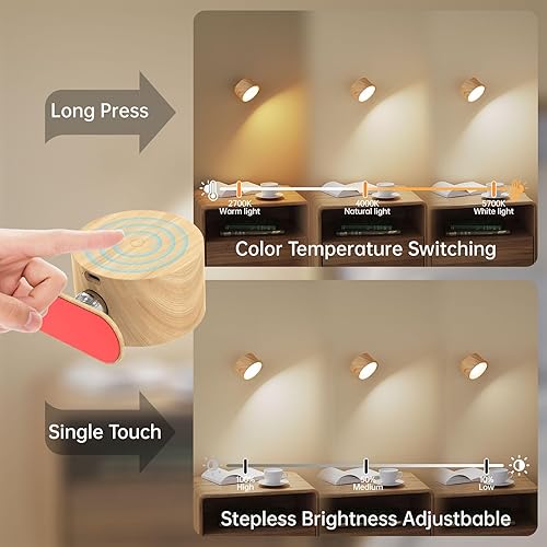 Miniatura 2 de Paquete de 2 apliques de pared a pilas, 3 modos de color, 3 niveles de brillo, rotación de 360, control táctil, lámpara de pared LED para