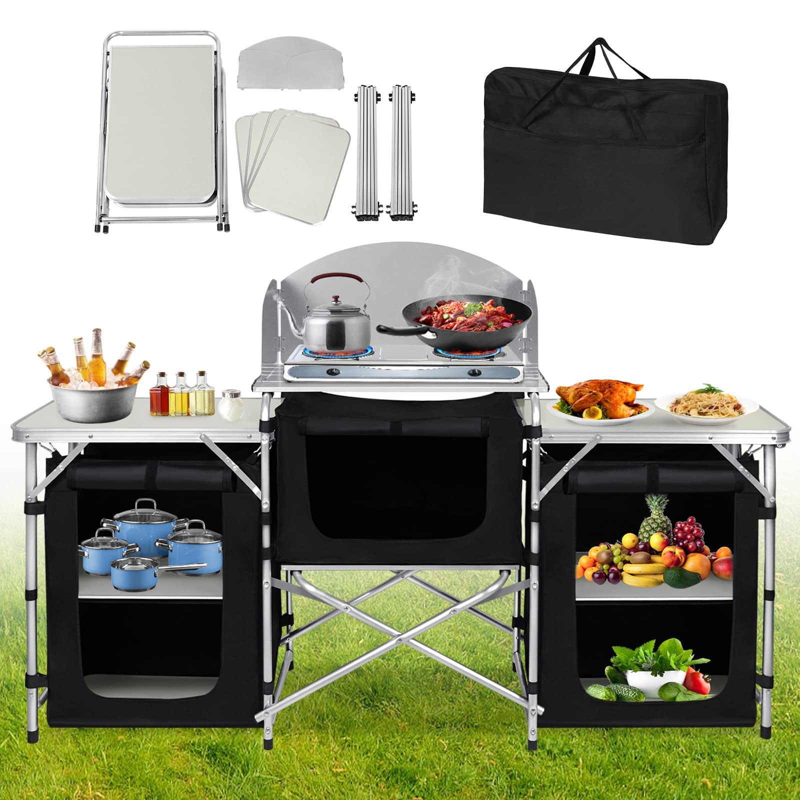 LZQ Armoire de camping pliable avec armature en aluminium, évier avec sac de transport, portable pour camping, jardin, balcon, fête, voyage (type A)