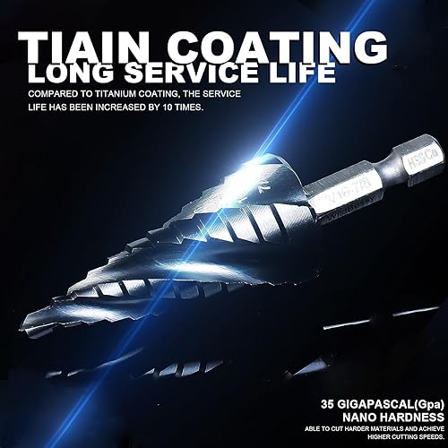 Miniatura 4 de Juego de brocas escalonadas M35 de 14 a 34 pulgadas, vástago hexagonal de 14 de pulgada, diseño de cuatro flautas en espiral, resistente a los