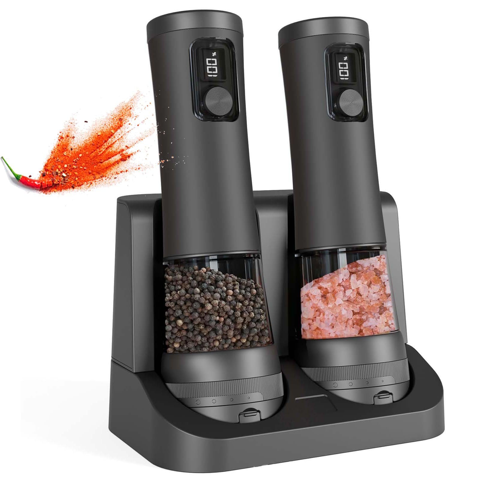 Ensemble moulin à poivre et sel électrique rechargeable haut de gamme avec socle épuré