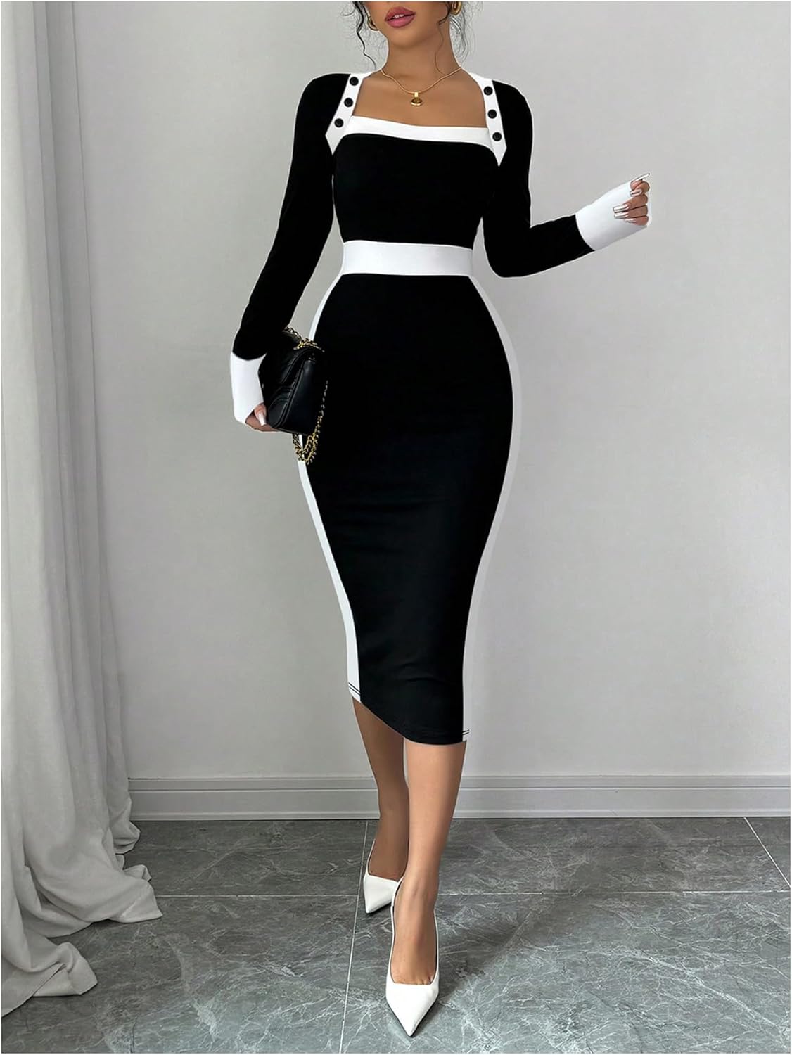 SOLY HUX Women's Long Sleeve Square Neck Bodycon Elegant Midi Dress Pencil Cocktail Party Dresses - Image 3