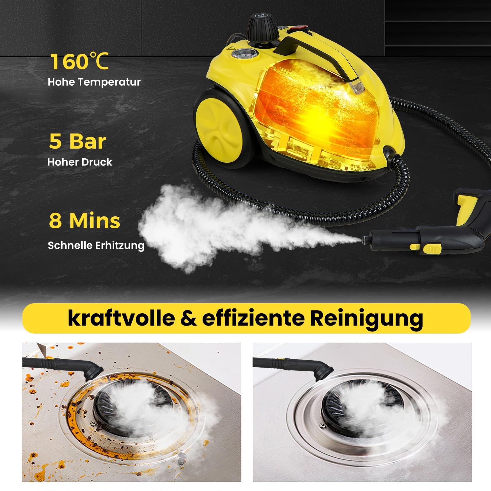RELAX4LIFE Limpiador a vapor 2000 W, presión de vapor: 5 bar, potencia de superficie: 108 m², depósito: 1,8 L, tiempo de calentamiento: 8 min, Steam Cleaner con kit de limpieza de suelos y boquillas