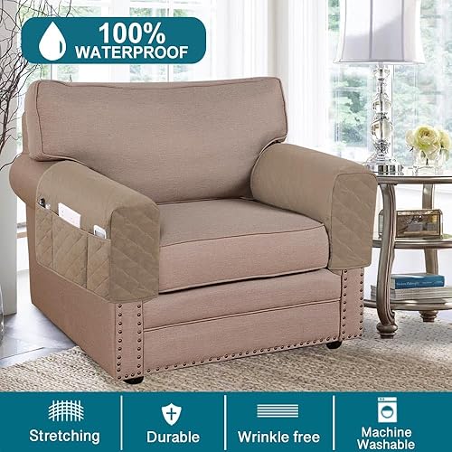 Miniatura 2 de Turquoize Paquete de 2 fundas impermeables para reposabrazos para sillas y sofás, fundas para reposabrazos de sofá con bolsillo lateral, protector