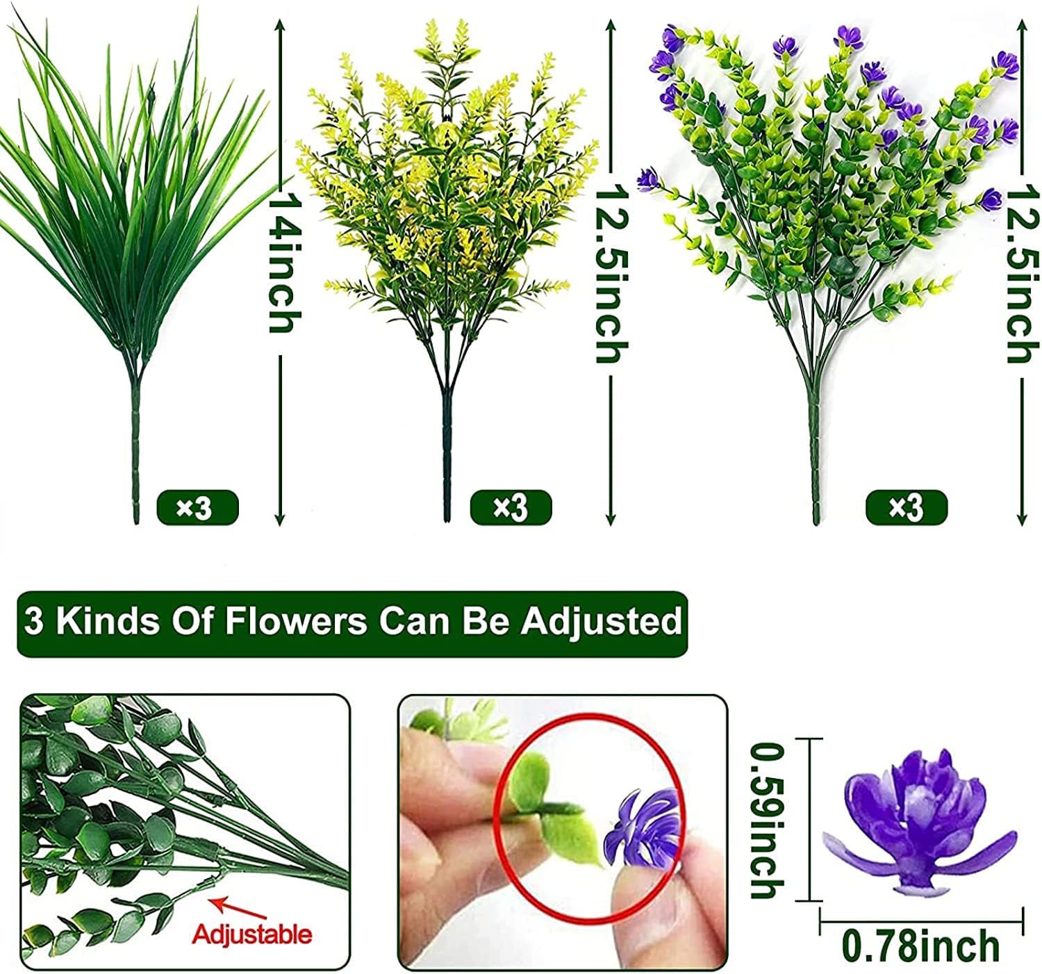 9 Bundle Artificial Flowers Outdoor Summer Decorations UV Resistant Fake Plants Faux Plastic Flowers for Cemetery Home Garden Outside Indoor Porch Hanging Planters Decor(Mixed)