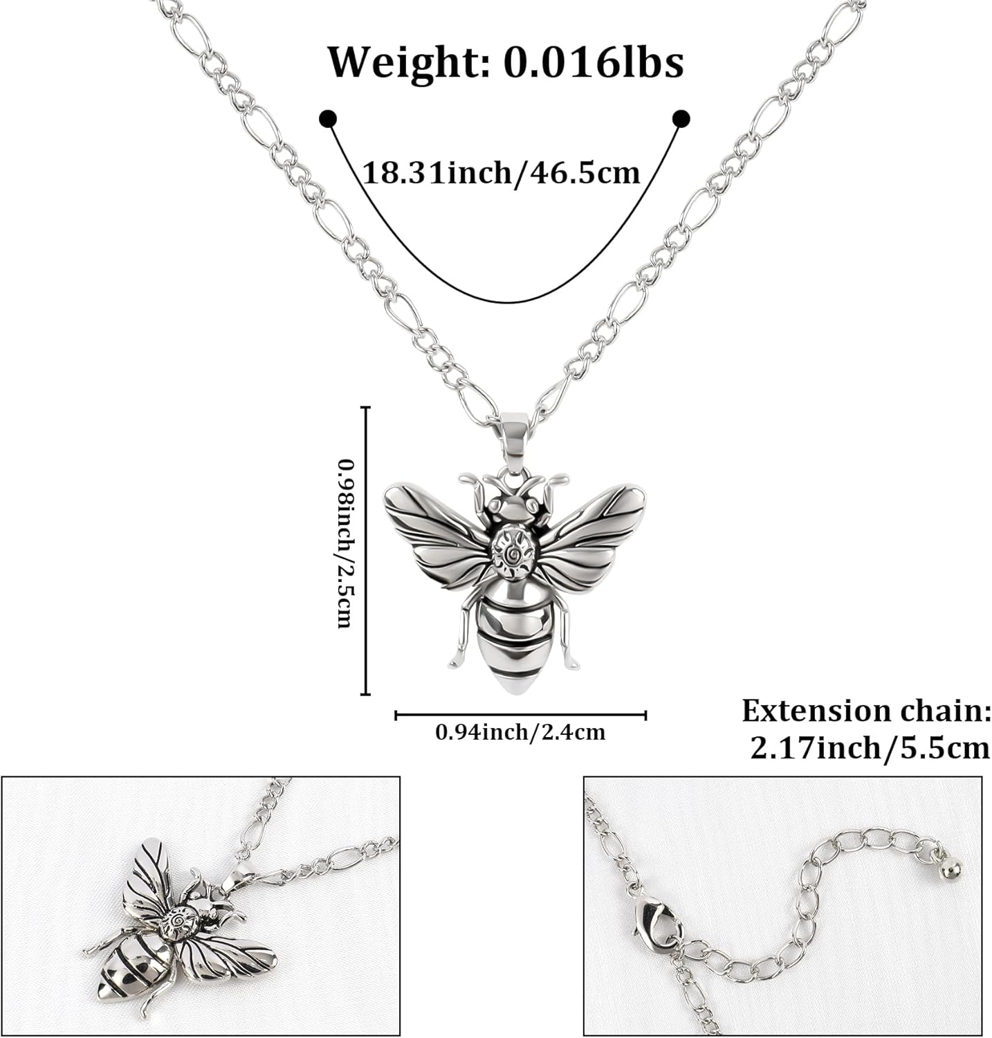 NEKOL Vintage Silver Bee Necklace for Women Men - 14K White Gold Plated Pendant, Punk Retro Simulated Insect Charm Choker, 3D Bumblebee Adjustable Chain Party Jewelry Gift - Image 2