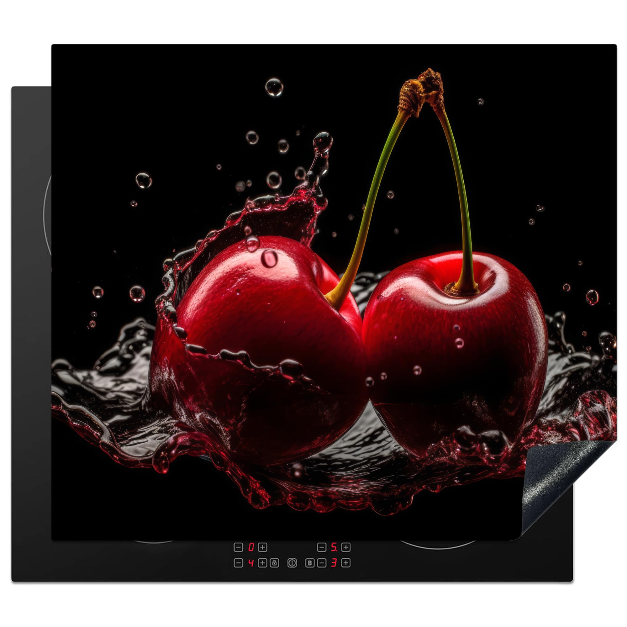 KitchenYeah© Cubre Vitrocerámica - Protector Vitroceramica Induccion 60x52 cm - Tapa Vitroceramica - Protector de Vitroceramica Cerezas - Rojas - Fruta - Agua - Negro