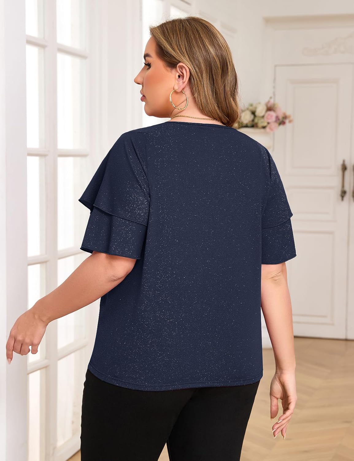 ZOMVA Women's Plus Size Sparkly Top Glitter Blouse Short Ruffle Sleeves Dressy Shirt Elegant Party - Image 2