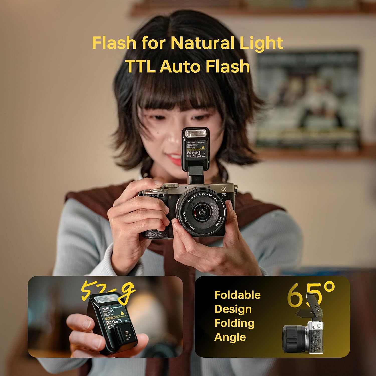 VILTROX Vintage Z2 Mini TTL On-Camera Flash for Sony, Hot Shoe Speedlite Camera Flash GN6, 5-Step Manual Power Control, 2 Second Recycle, 700 Full-Power Flashes 10Ws with Detachable Softbox（Black）