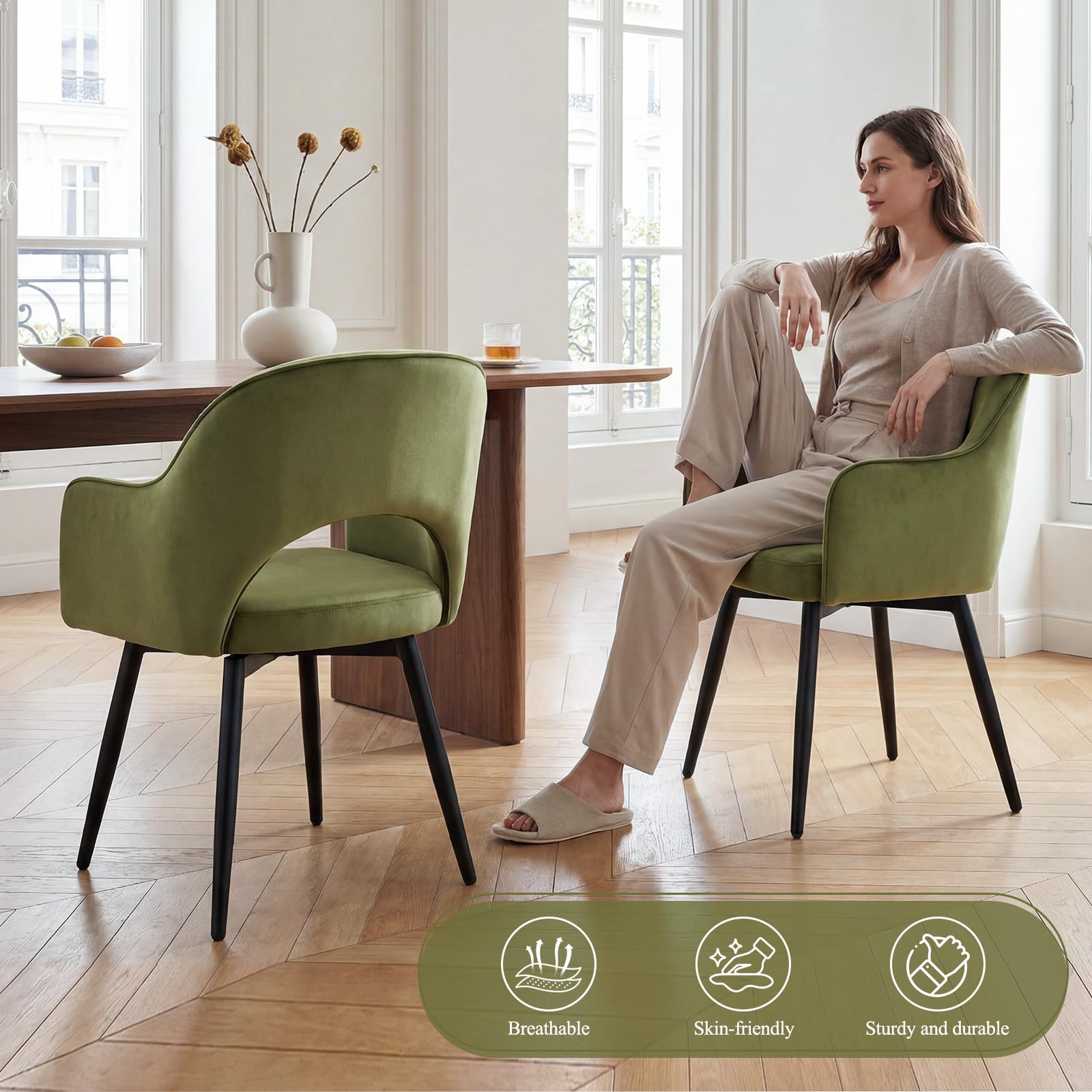 chairus Juego de 4 Sillas de Comedor Terciopelo Sillas de Cocina Giratoria con Patas Negras, Sillas de Hogar Modernas con Respaldo Hueco para Restaurante/Cafetería, Verde