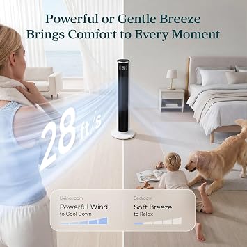 LEVOIT Tower Fan for Bedroom, 90 Oscillating Standing Fan with 28dB Quiet for Sleep, 25ft/s Velocity, 12H Timer, 5 Speeds 4 Modes, Remoter, Bladeless Room Fan for Home, Office, Indoor, 36 inch, White
